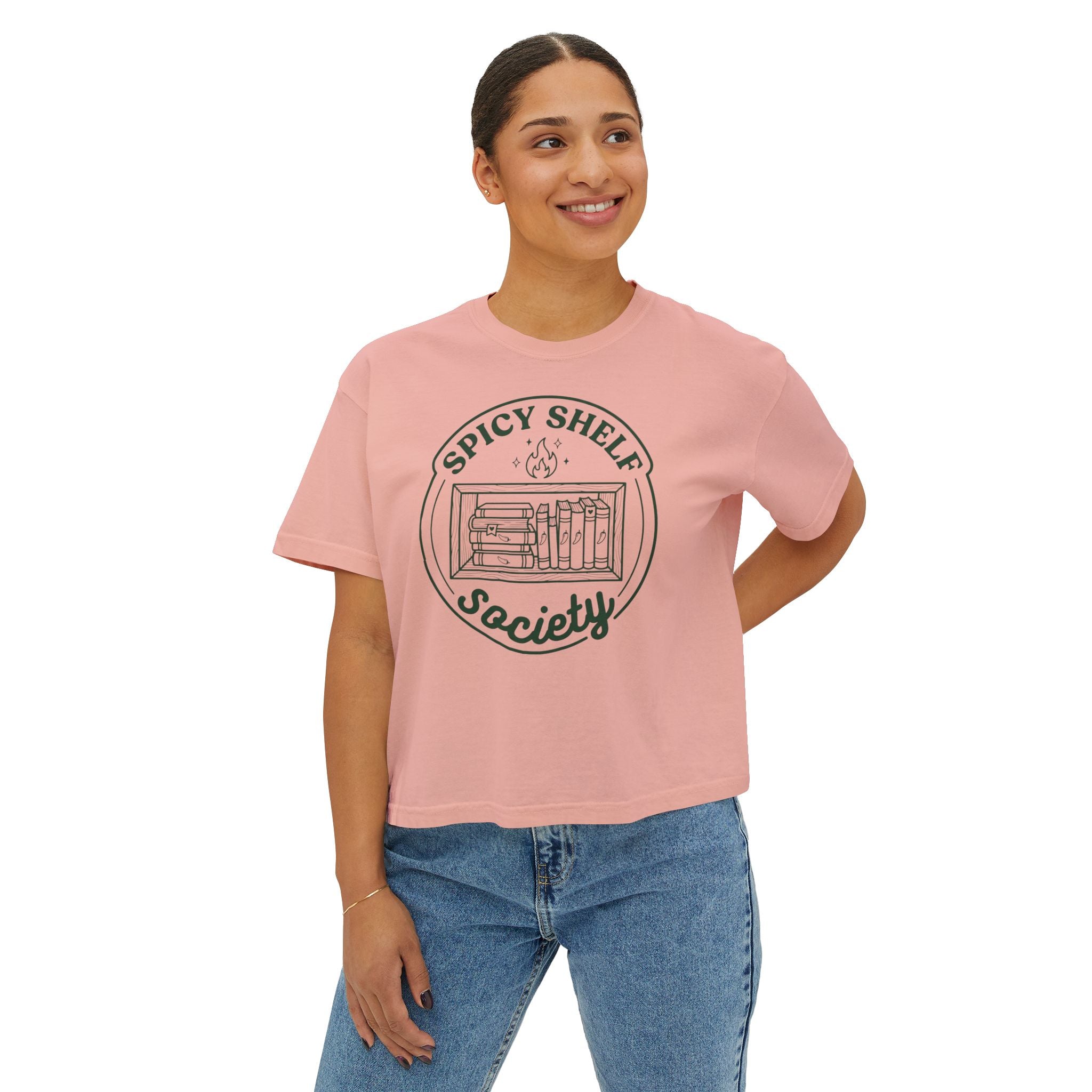 Spicy Shelf Society Women's Boxy Tee — Book Lover Reading Club Graphic Shirt
