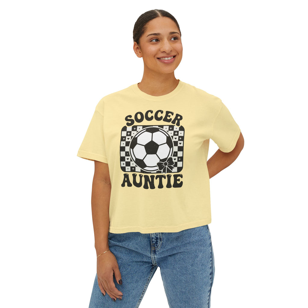 Soccer Auntie Women's Boxy Tee — Retro Soccer Ball Graphic