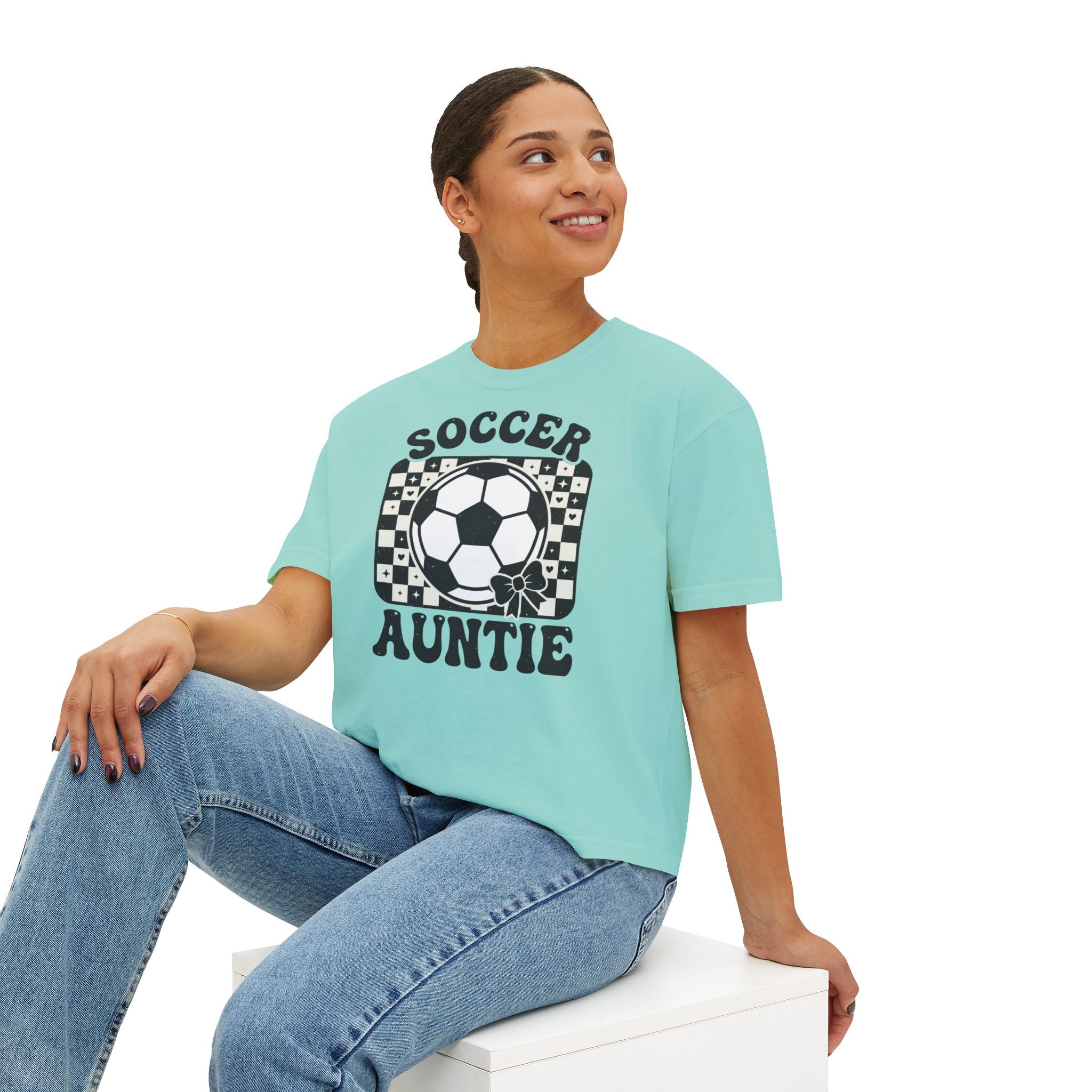 Soccer Auntie Women's Boxy Tee — Retro Soccer Ball Graphic
