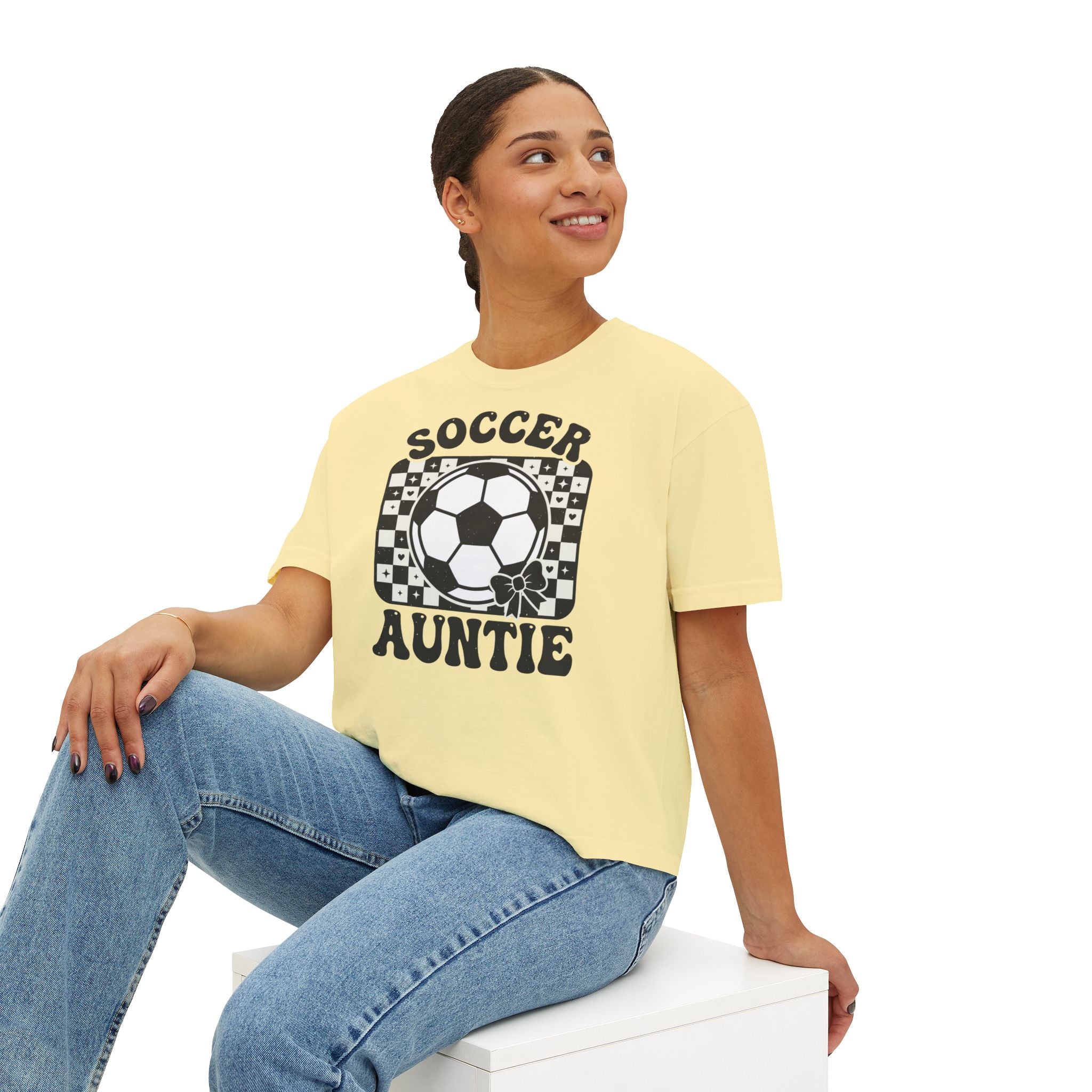 Soccer Auntie Women's Boxy Tee — Retro Soccer Ball Graphic
