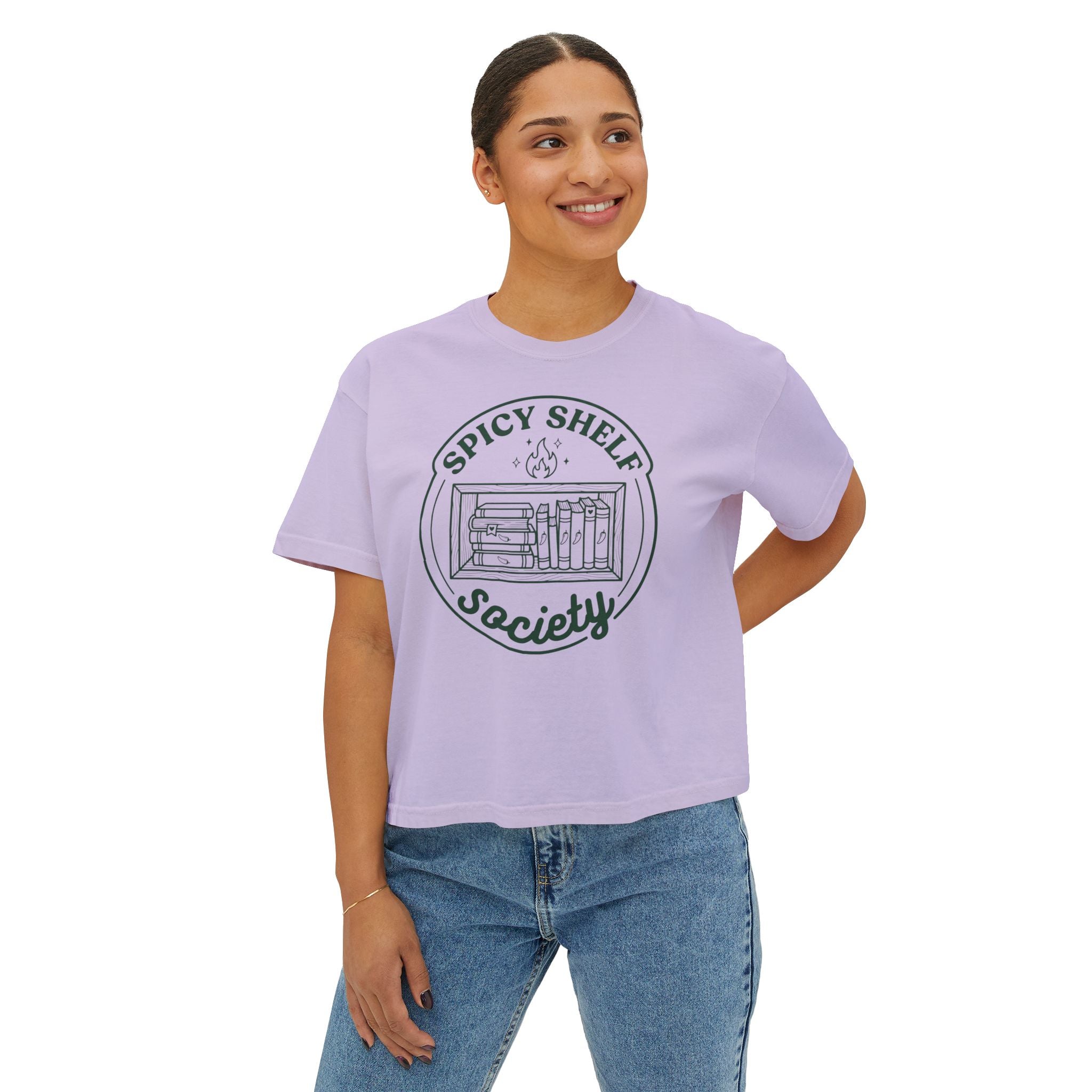 Spicy Shelf Society Women's Boxy Tee — Book Lover Reading Club Graphic Shirt