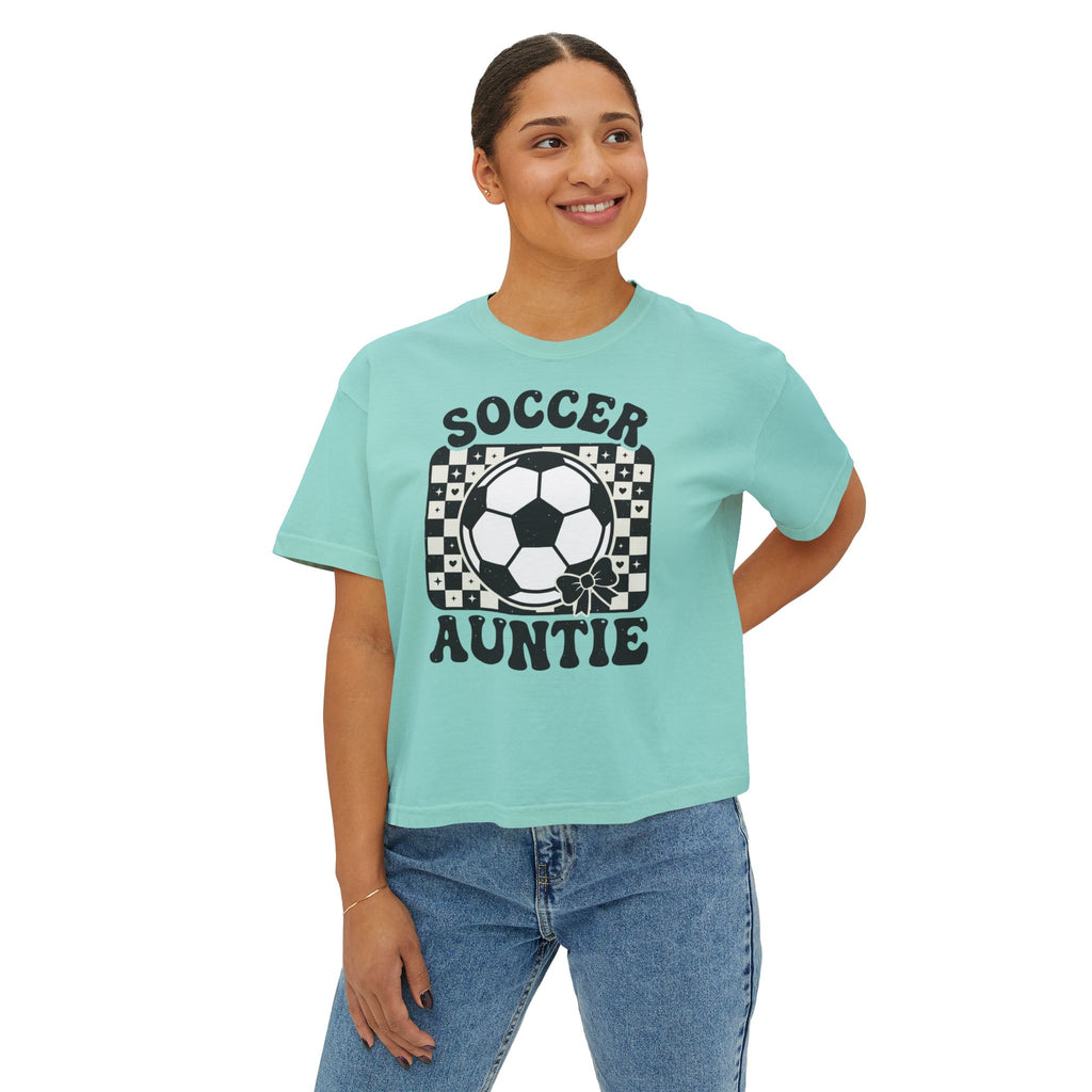 Soccer Auntie Women's Boxy Tee — Retro Soccer Ball Graphic