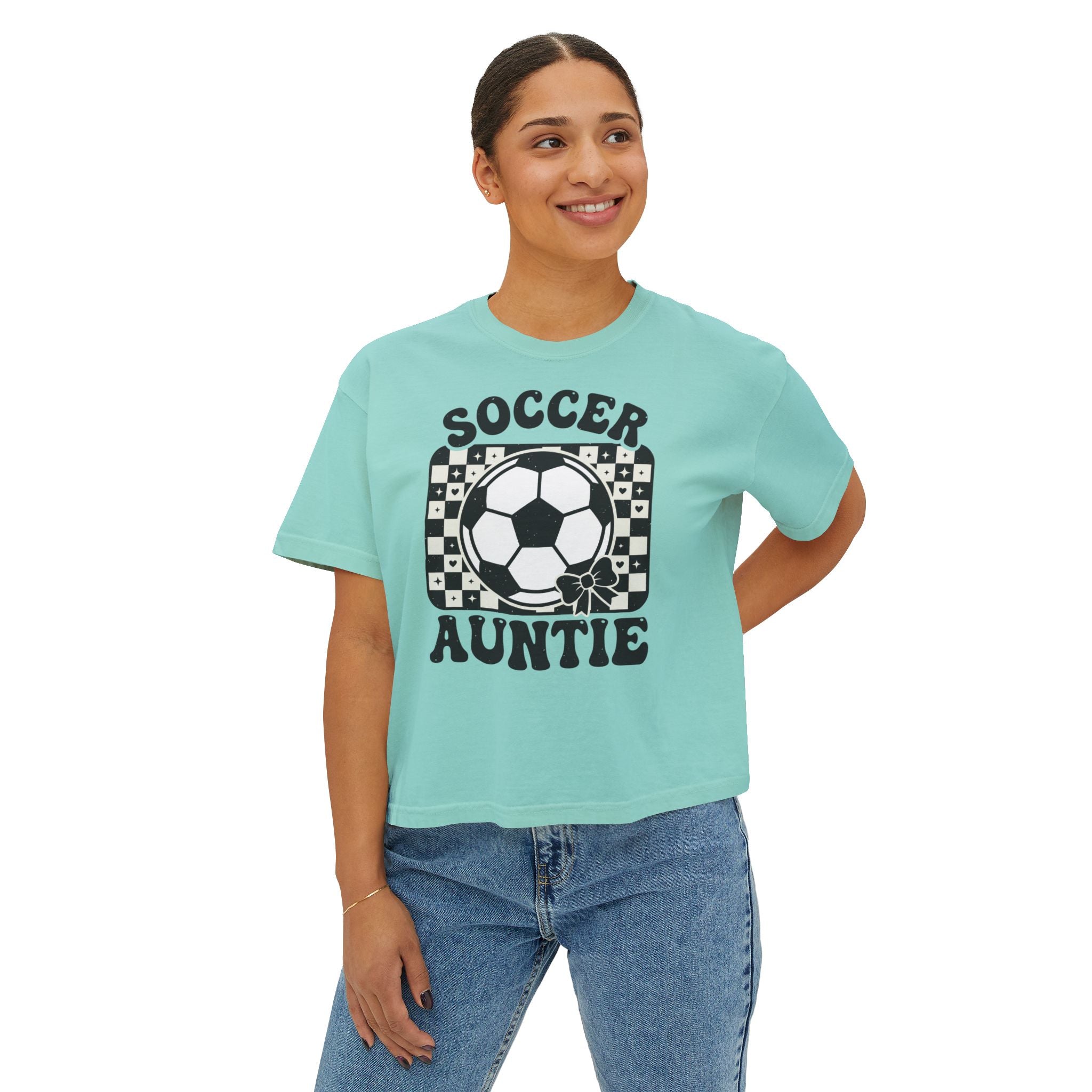 Soccer Auntie Women's Boxy Tee — Retro Soccer Ball Graphic