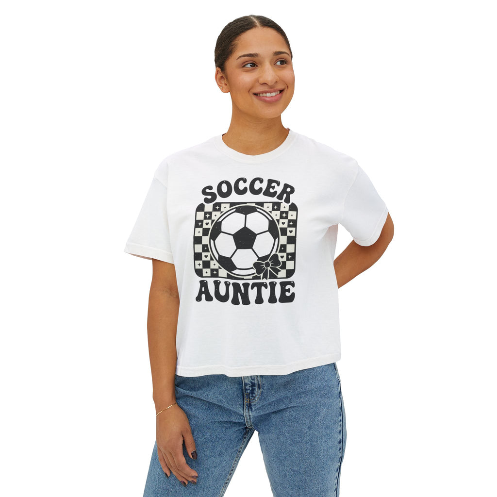 Soccer Auntie Women's Boxy Tee — Retro Soccer Ball Graphic