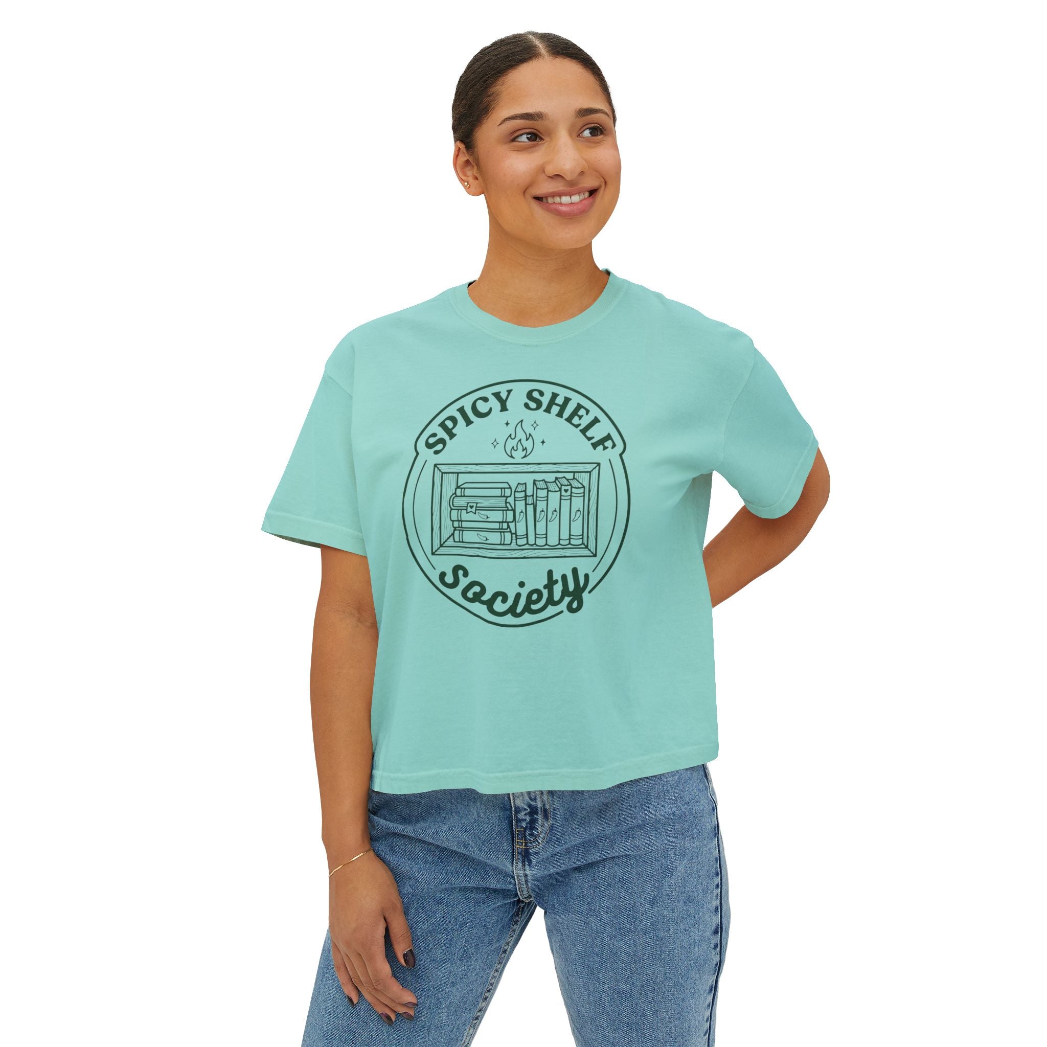 Spicy Shelf Society Women's Boxy Tee — Book Lover Reading Club Graphic Shirt