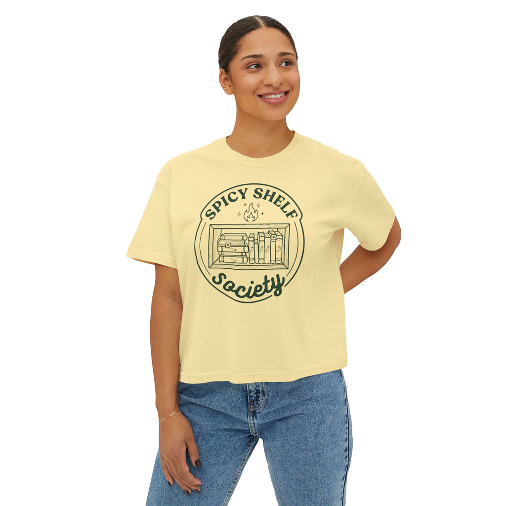 Spicy Shelf Society Women's Boxy Tee — Book Lover Reading Club Graphic Shirt