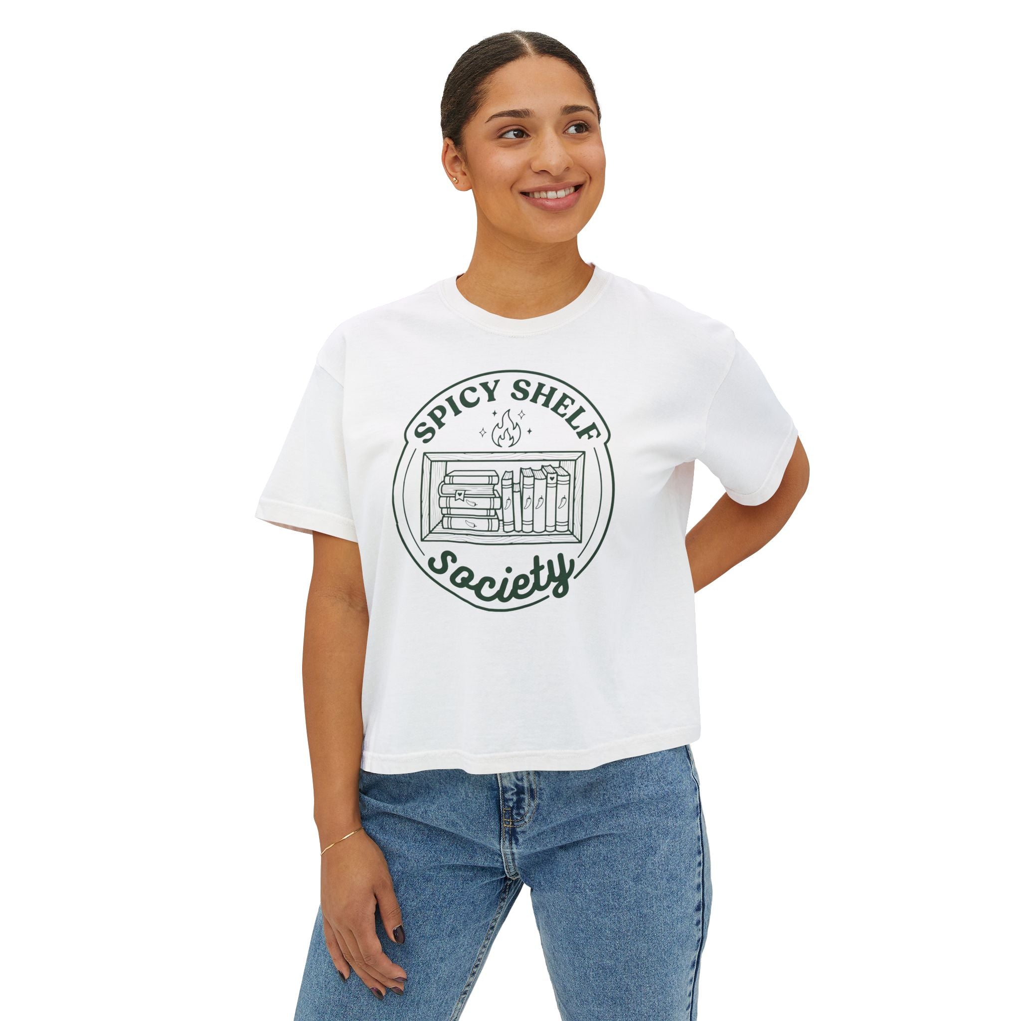 Spicy Shelf Society Women's Boxy Tee — Book Lover Reading Club Graphic Shirt