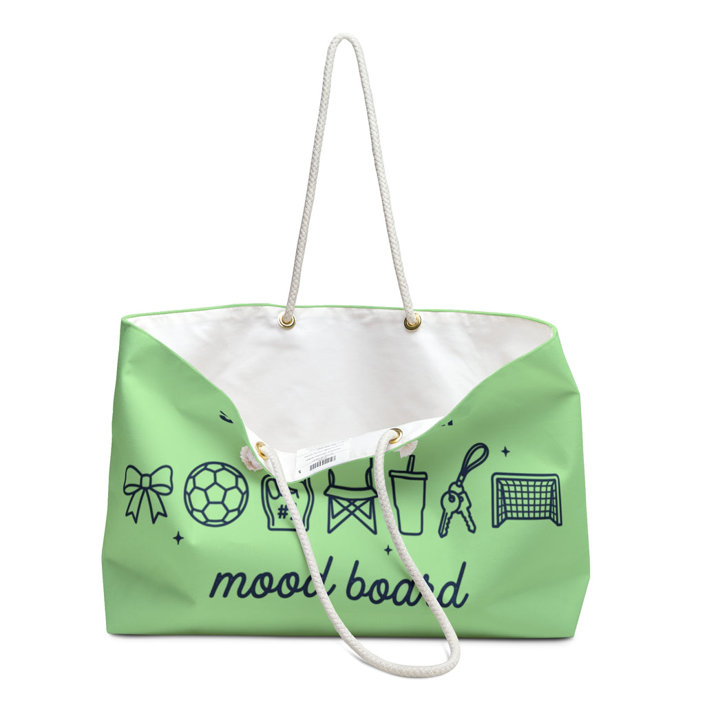 Soccer Mom Weekender Bag – Green Weekend Tote with 'Mood Boost' Sport Icons